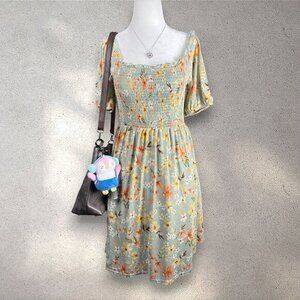 Siren Lily Maternity Floral Smocked Dress Women's S Green Lined Mini Cottagecore